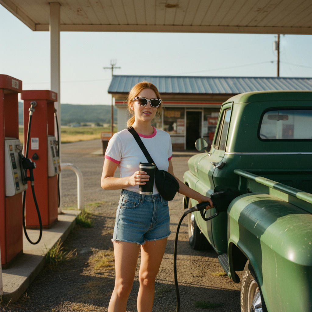 Woman at a rural gas station filling a truck