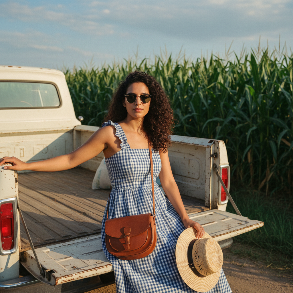 Woman sitting on a truck tailgate beside a cornfield