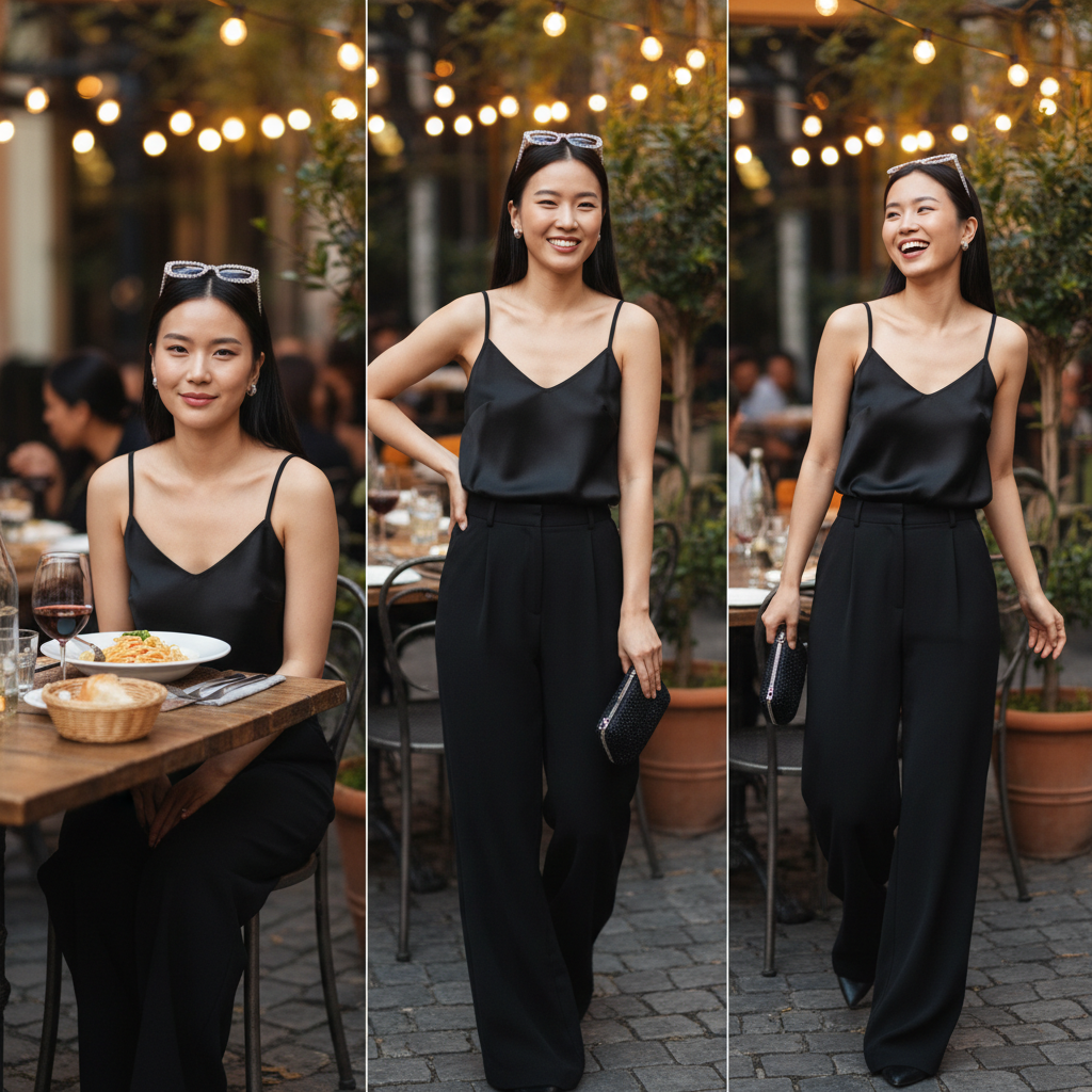 Woman at an outdoor dinner under cafe lights