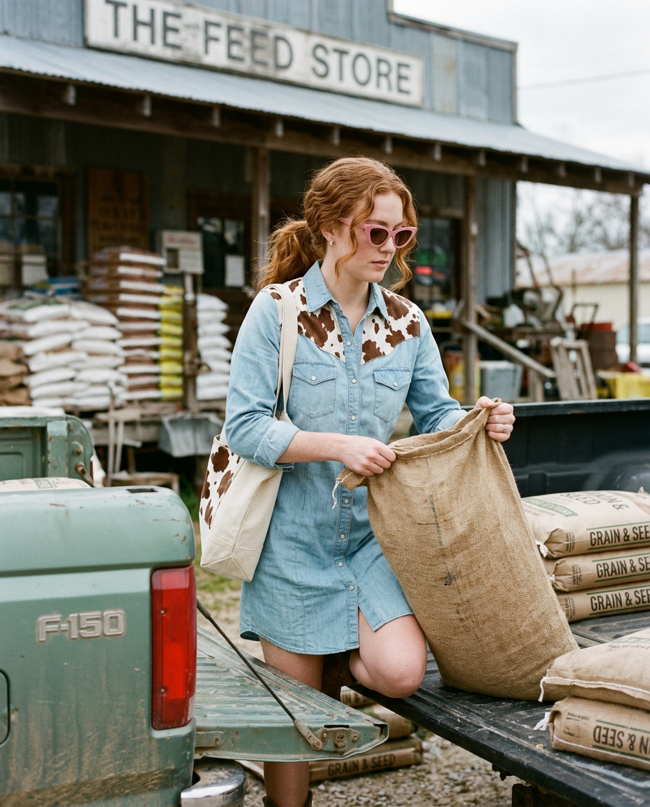 Woman loading feed sacks into a pickup at a feed store
