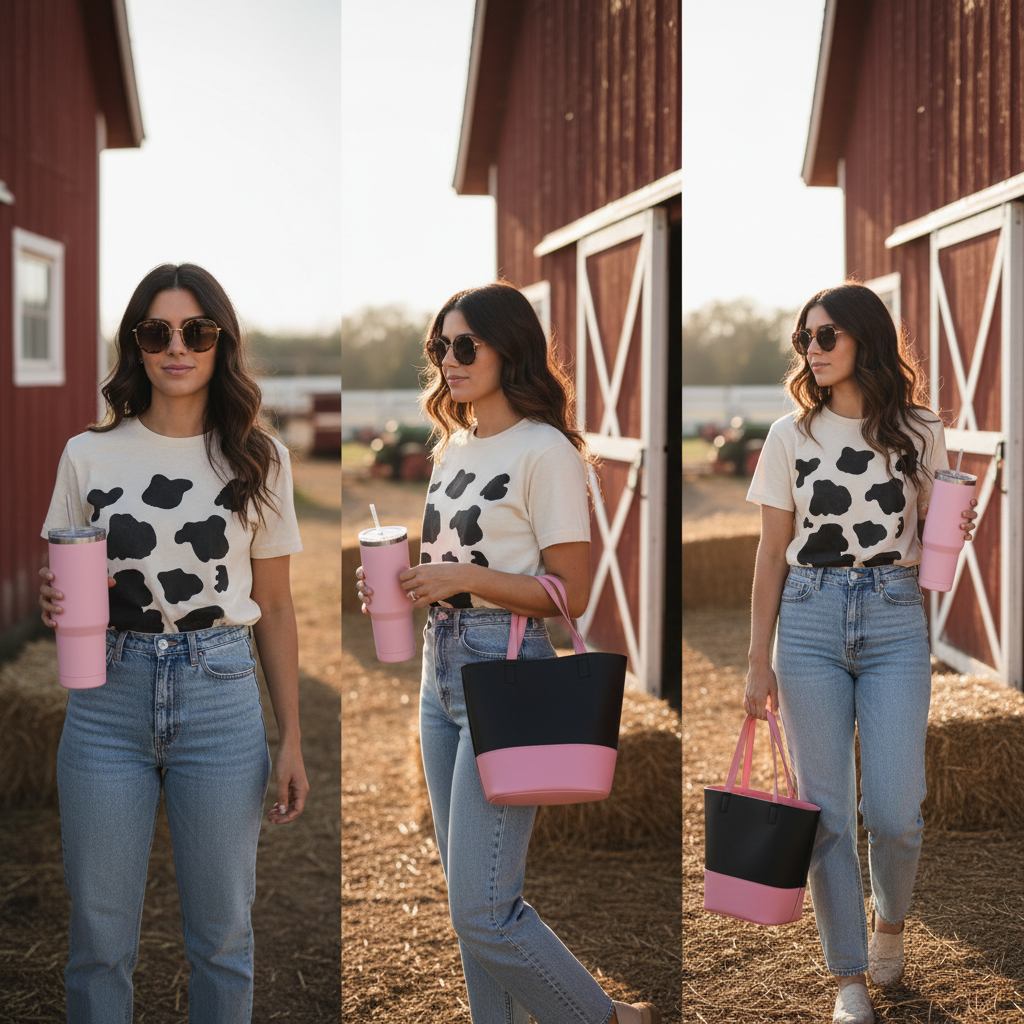 Woman in a cow spot tee beside a red barn