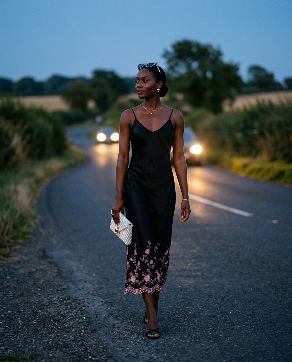 Woman walking a country road at blue hour