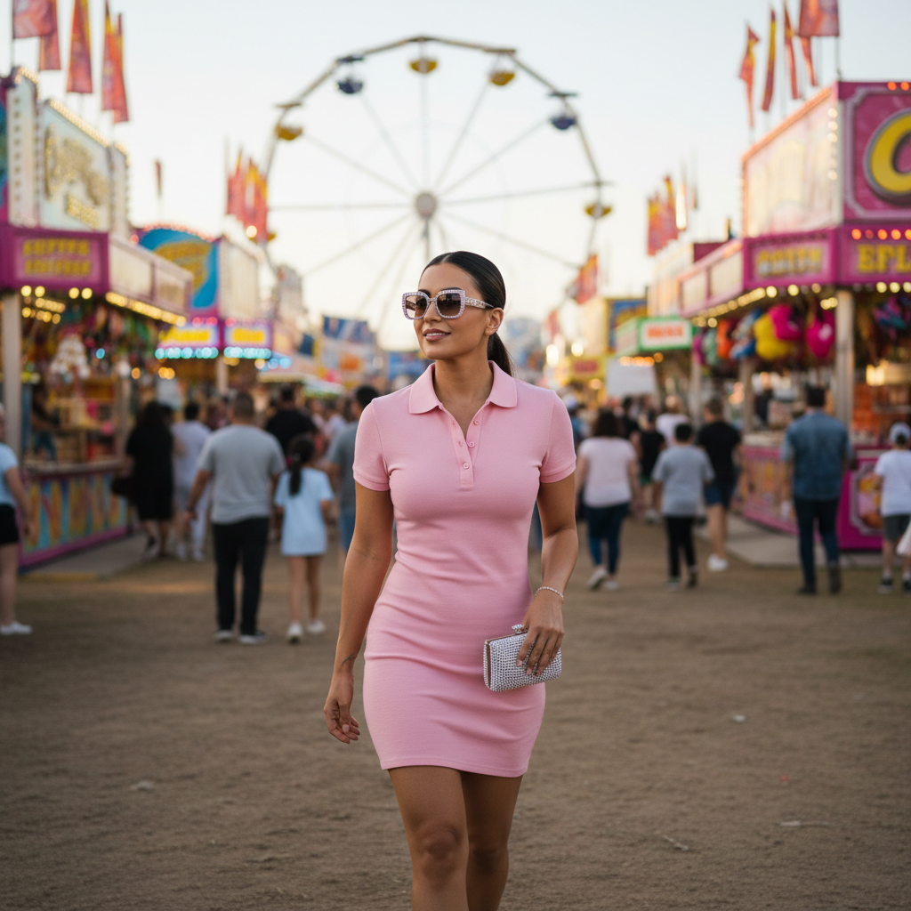 Woman walking a county fairgrounds midway