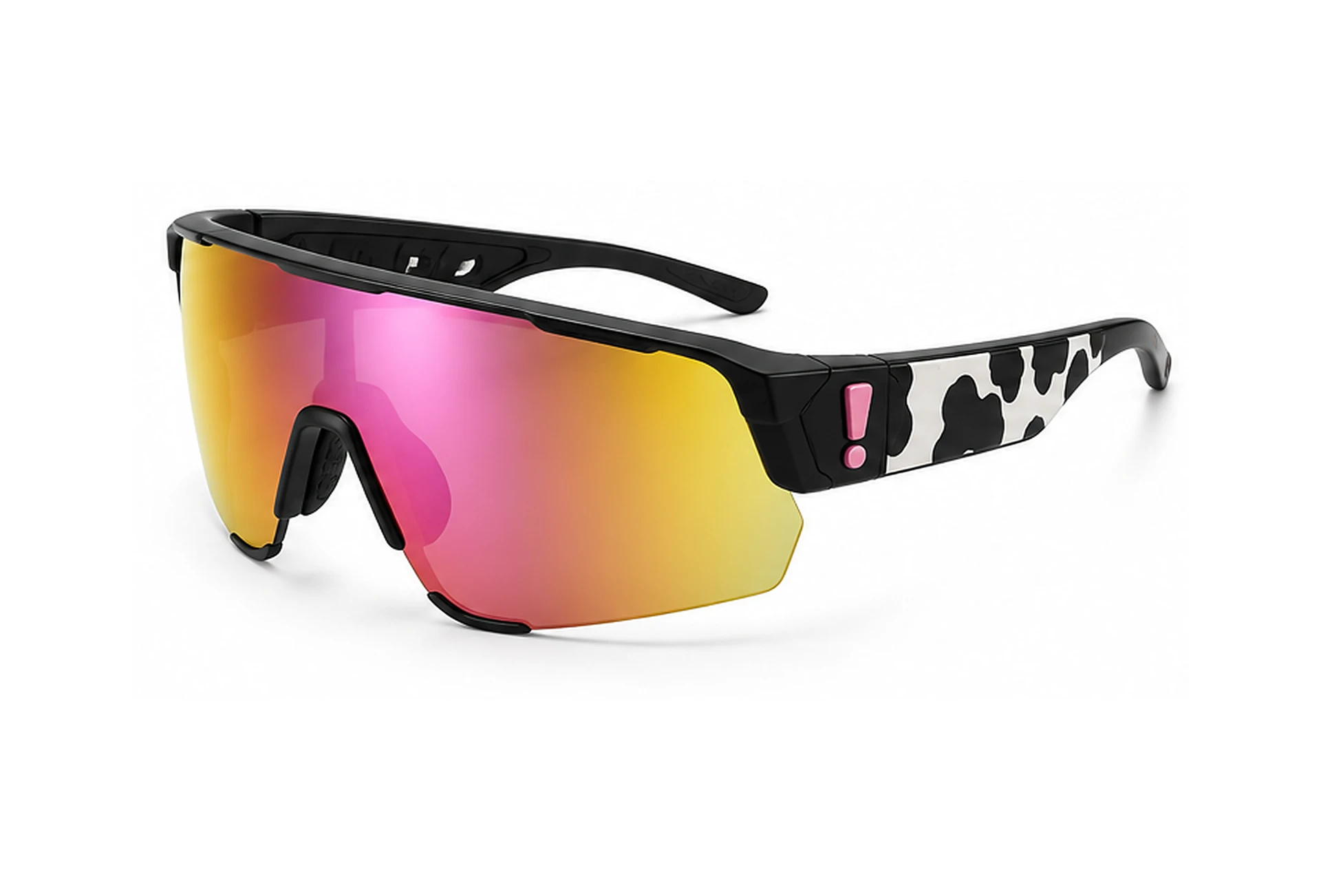 Black sport shield sunglasses with a pink-to-gold mirrored wraparound lens, cow-print temples and a pink exclamation mark temple detail.