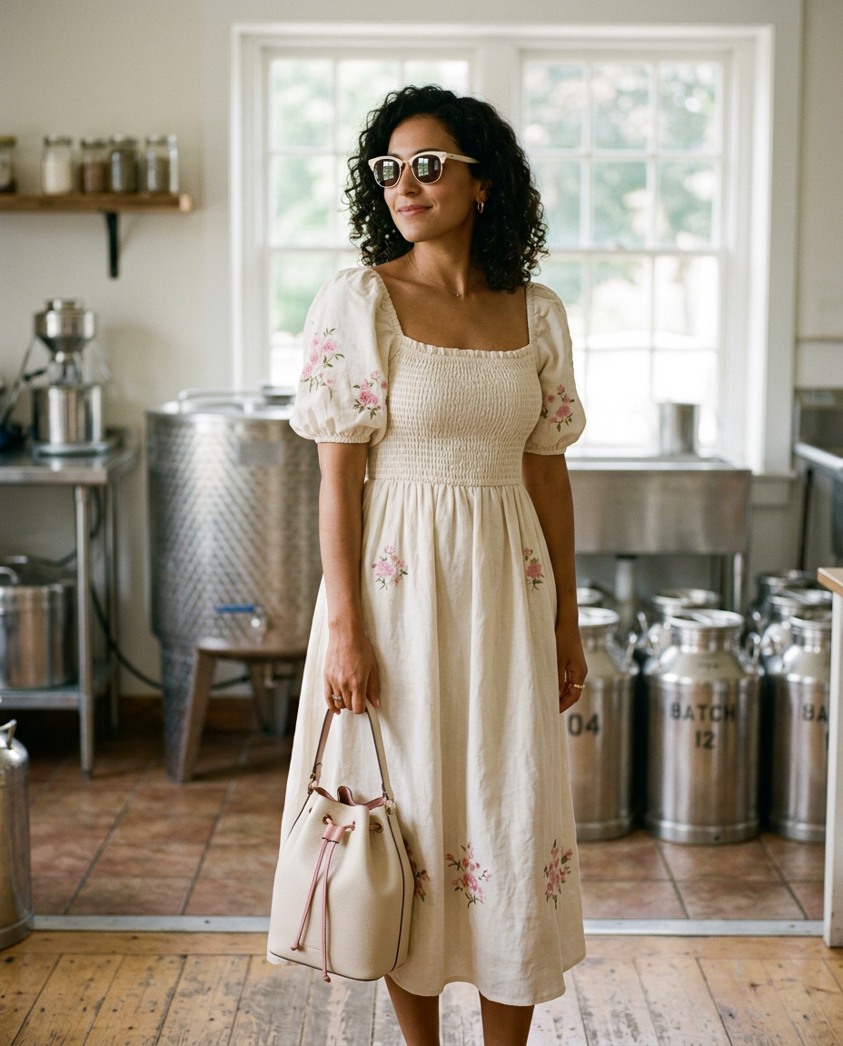 Woman in a cream midi dress inside a bright creamery