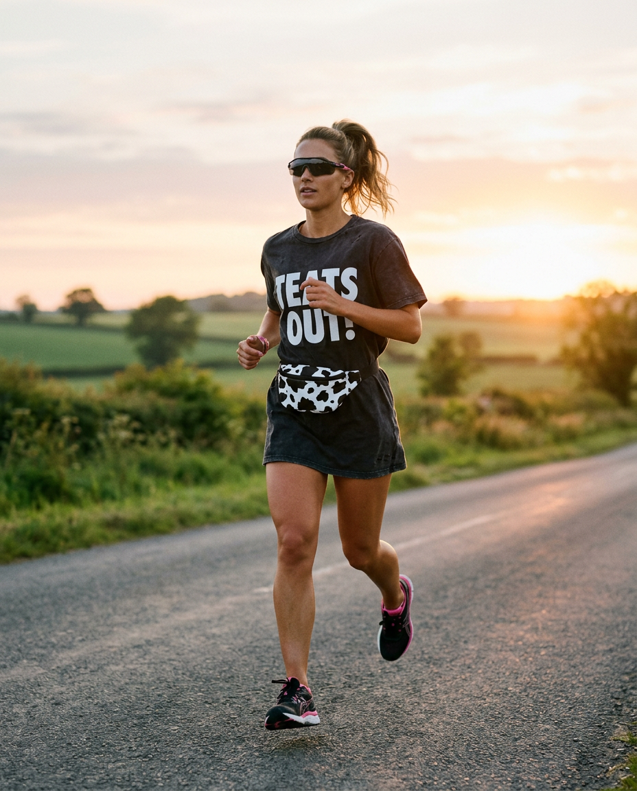 Woman jogging along a country road at sunrise