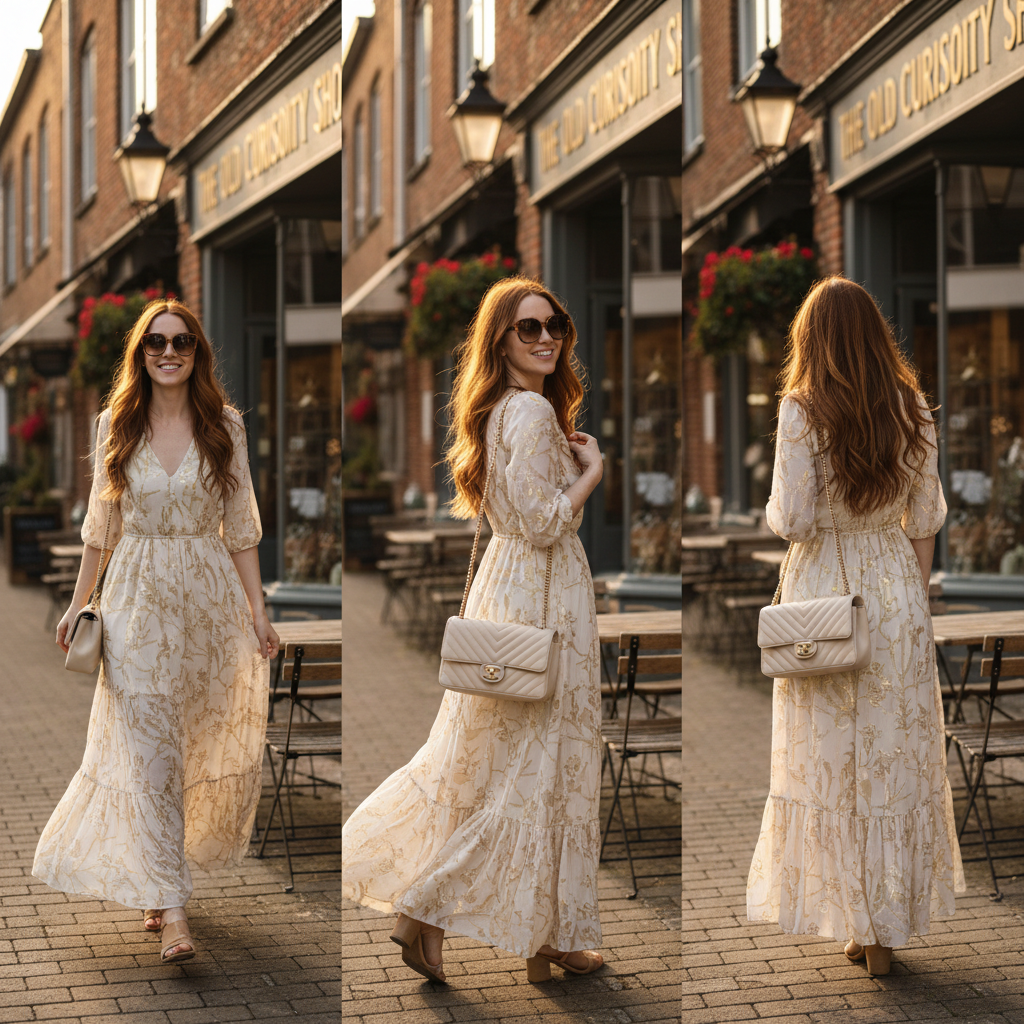 Woman walking a small town sidewalk in the maxi dress