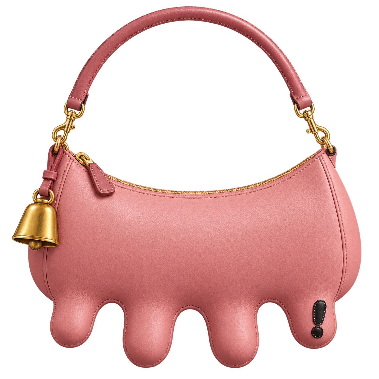 Pink leather handbag with four udder-shaped extensions, gold hardware, a gold cowbell charm and a black exclamation mark device.