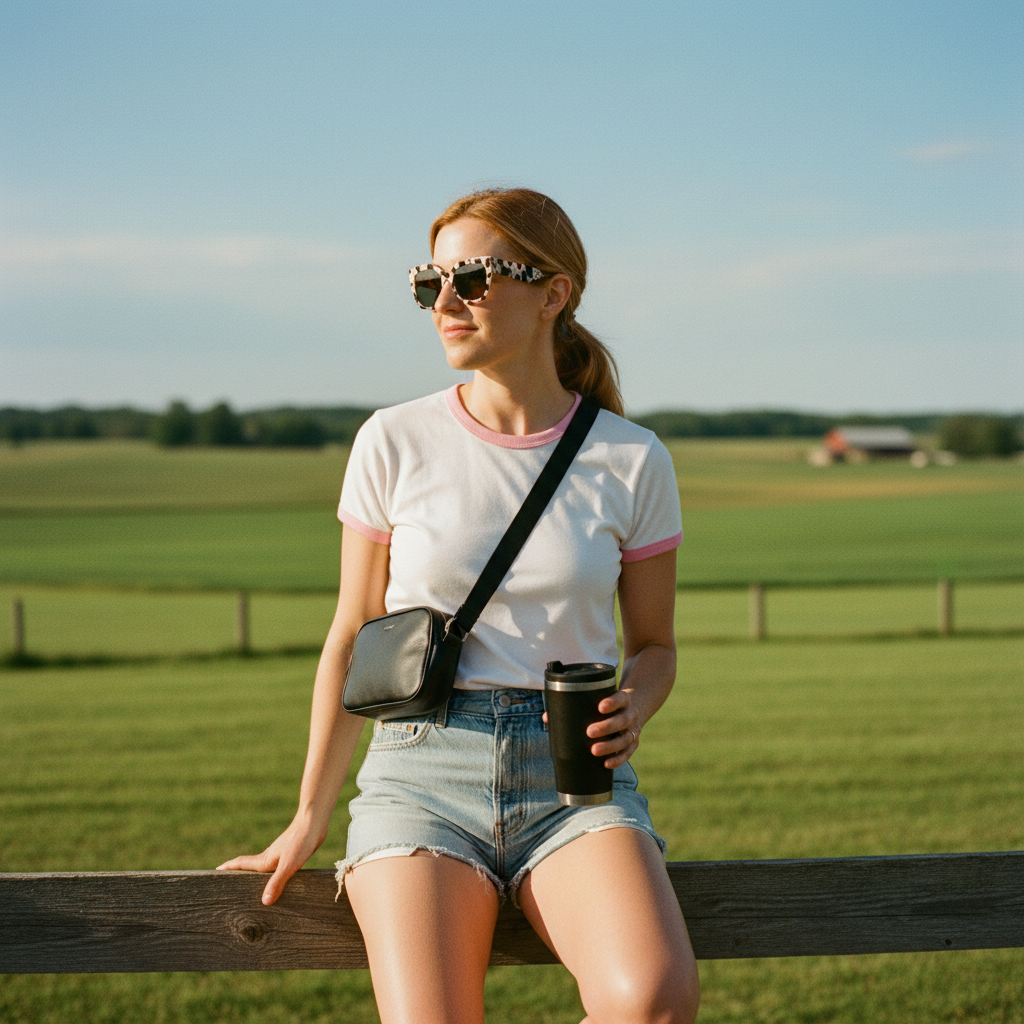 Woman sitting on a fence rail over farmland