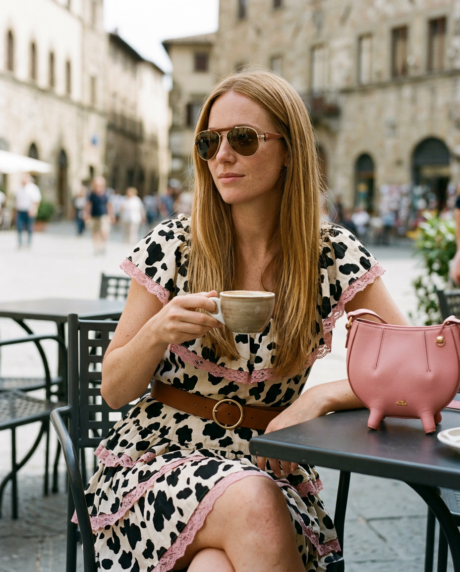 Woman at an outdoor cafe table with a coffee