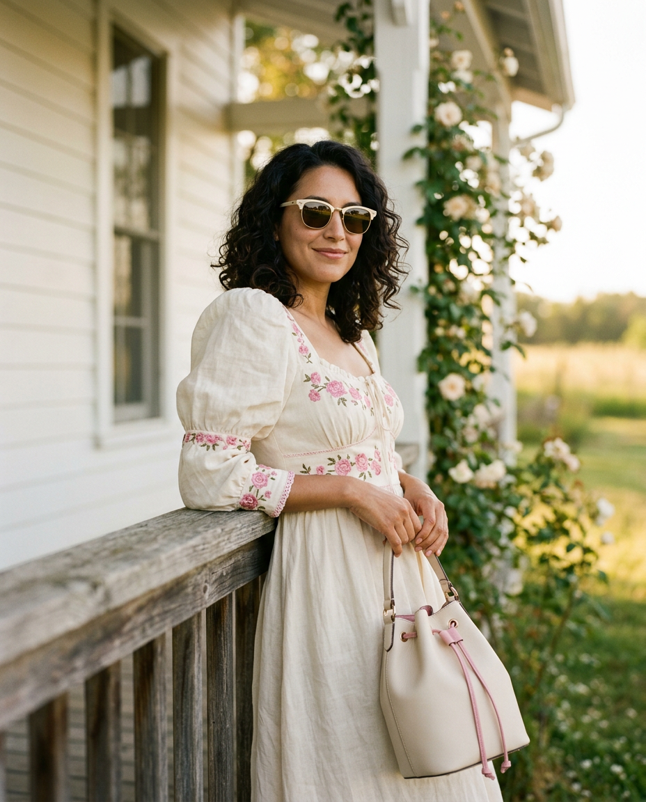 Woman on a white farmhouse porch at golden hour