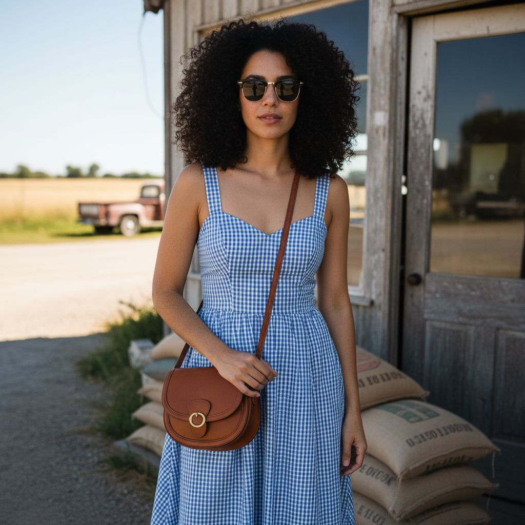 Woman in a gingham sundress outside a rural feed store