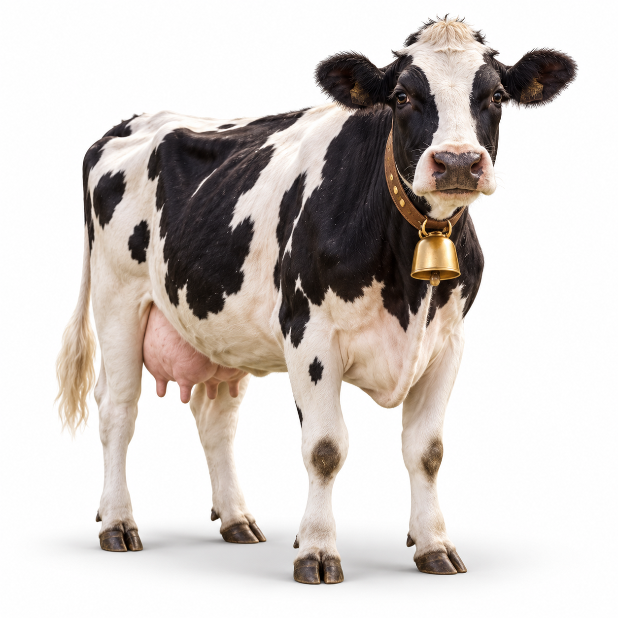 Holstein cow wearing a cognac leather collar with a gold cowbell.