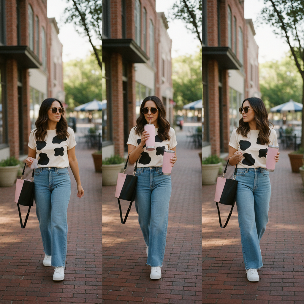 Woman walking a small town sidewalk with a tote