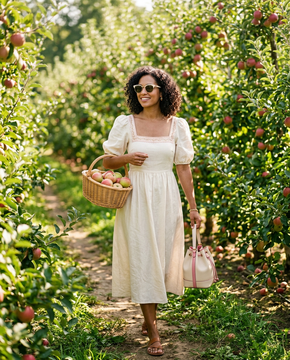 Woman walking through a sunlit orchard with apples
