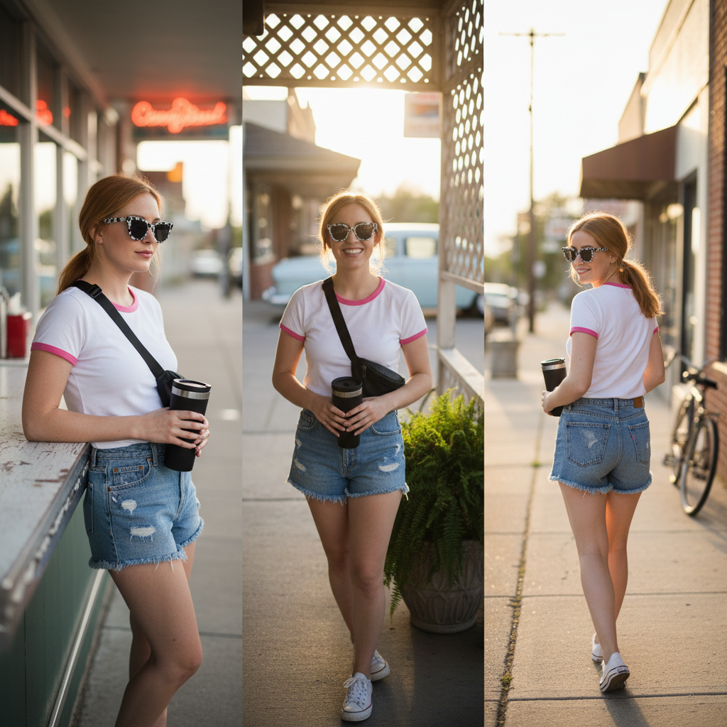 Woman at a small town diner patio