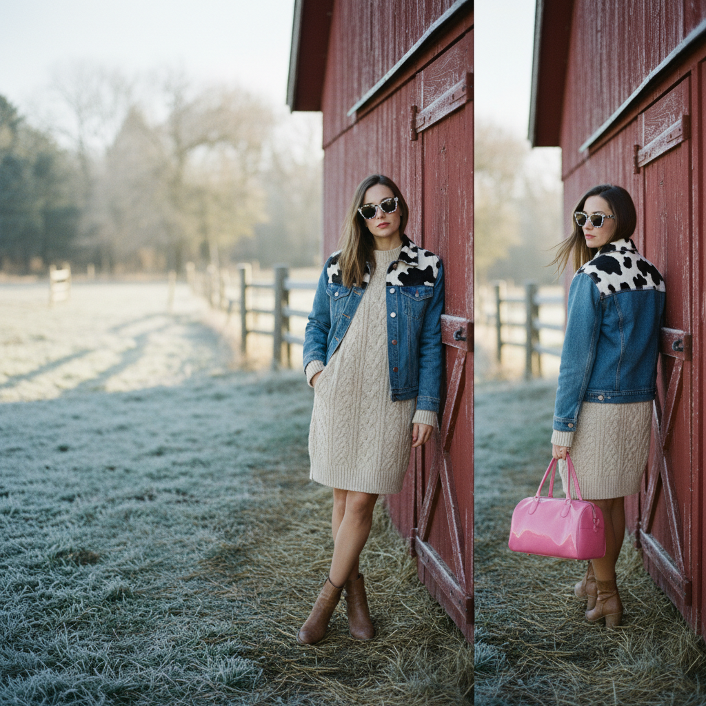 Woman in a sweater dress and denim jacket in a frosty farmyard