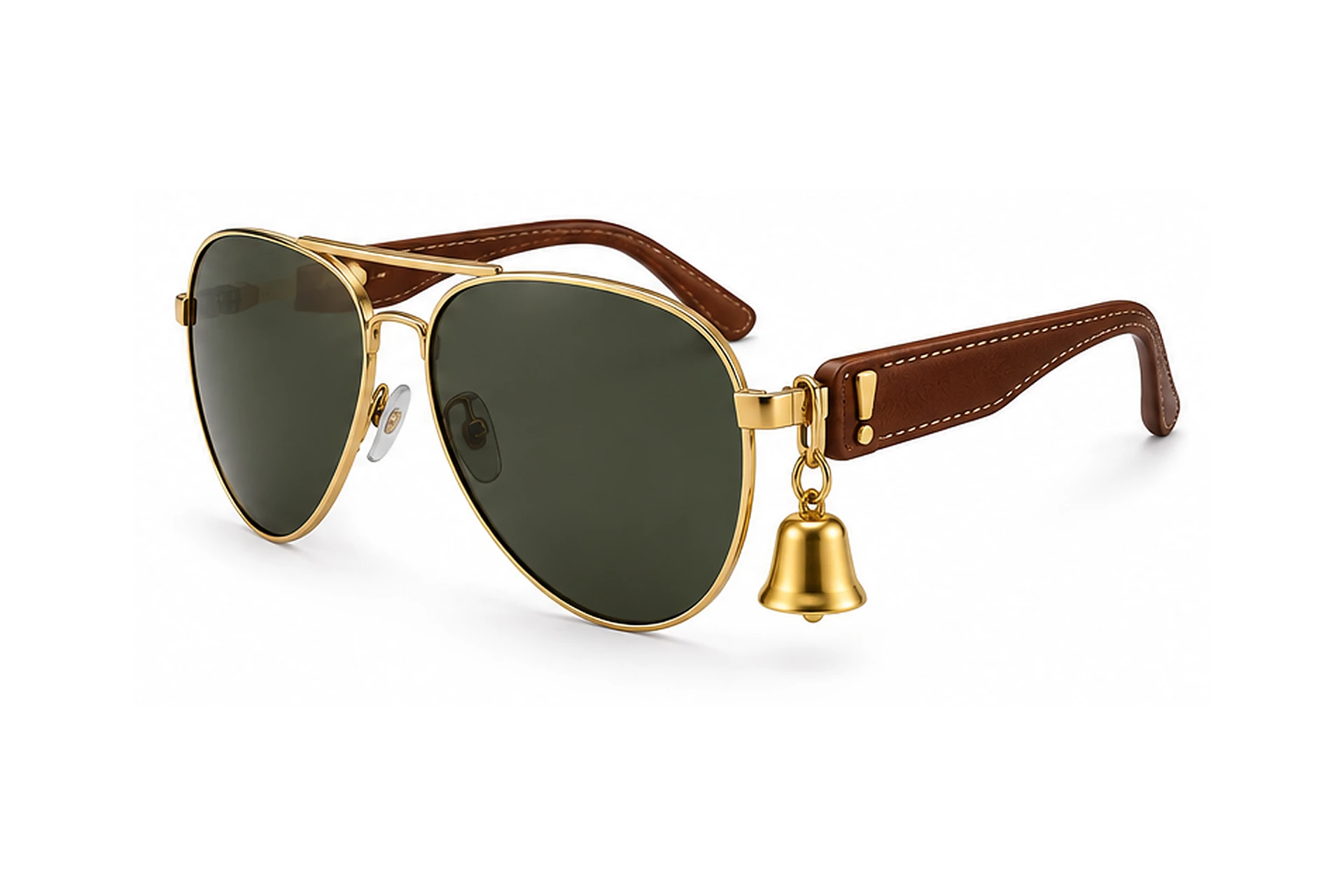 Gold-frame aviator sunglasses with dark green lenses, brown leather-wrapped temples, an exclamation mark temple detail and a hanging gold bell.