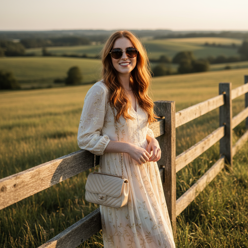 Woman leaning on a wooden fence over farmland at dusk