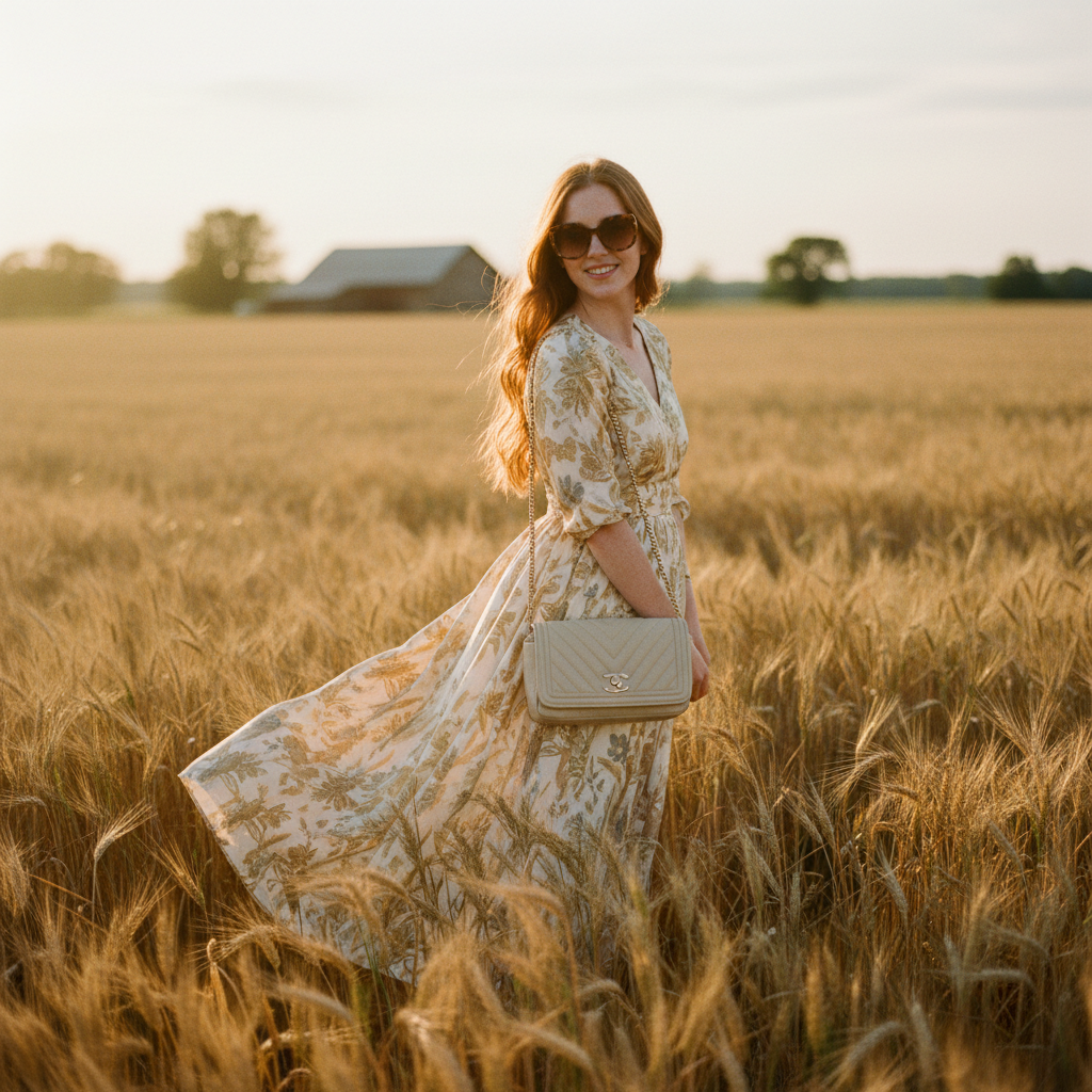 Woman in a cream maxi dress standing in a wheat field at golden hour