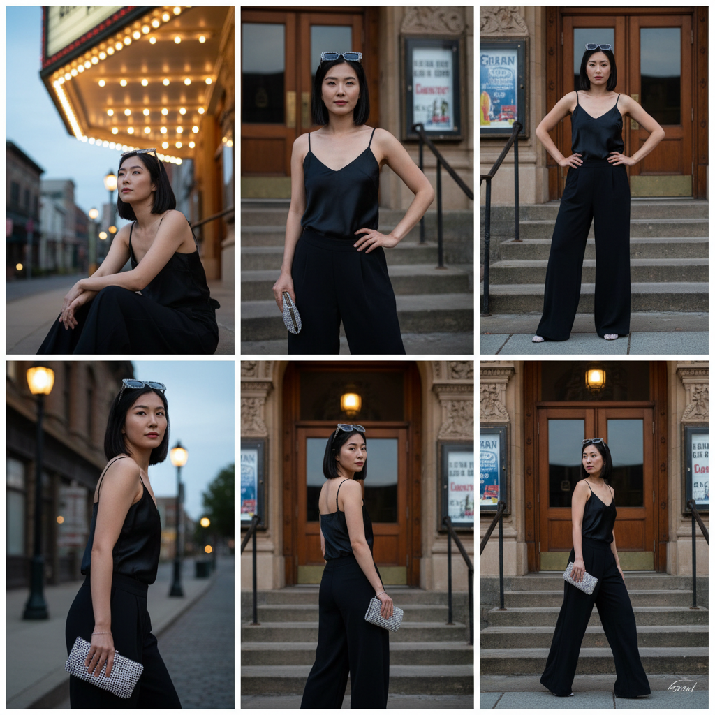 Woman on small town theater steps at dusk