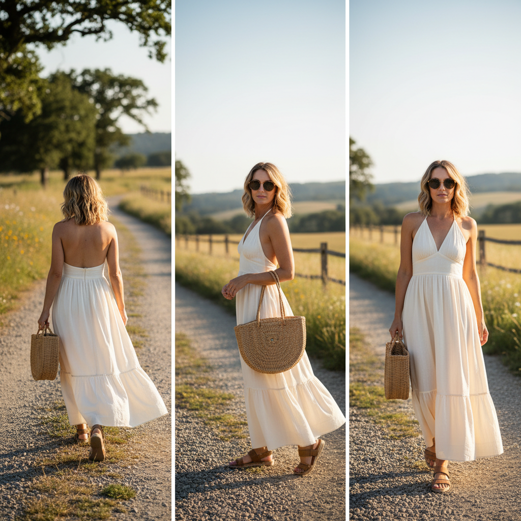 Woman walking a gravel lane with a market basket