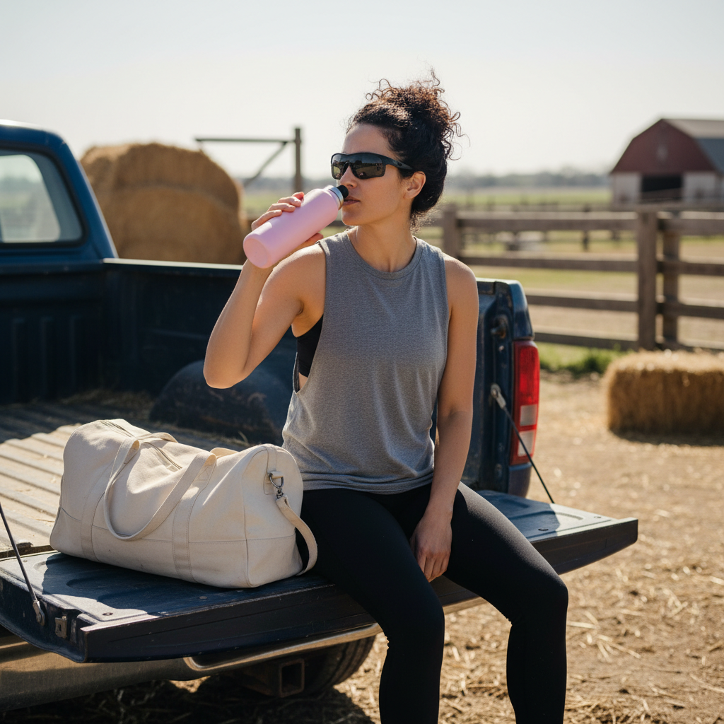 Woman drinking water on a truck tailgate