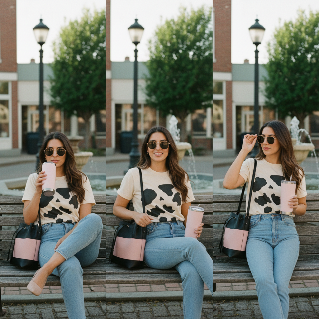 Woman on a bench in a town square with a tumbler
