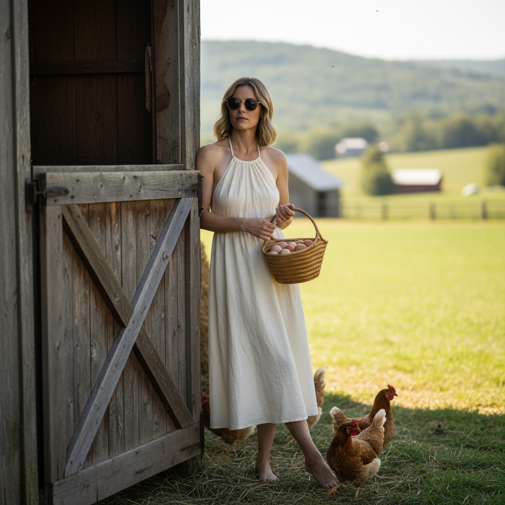 Woman gathering eggs beside a hay loft barn door