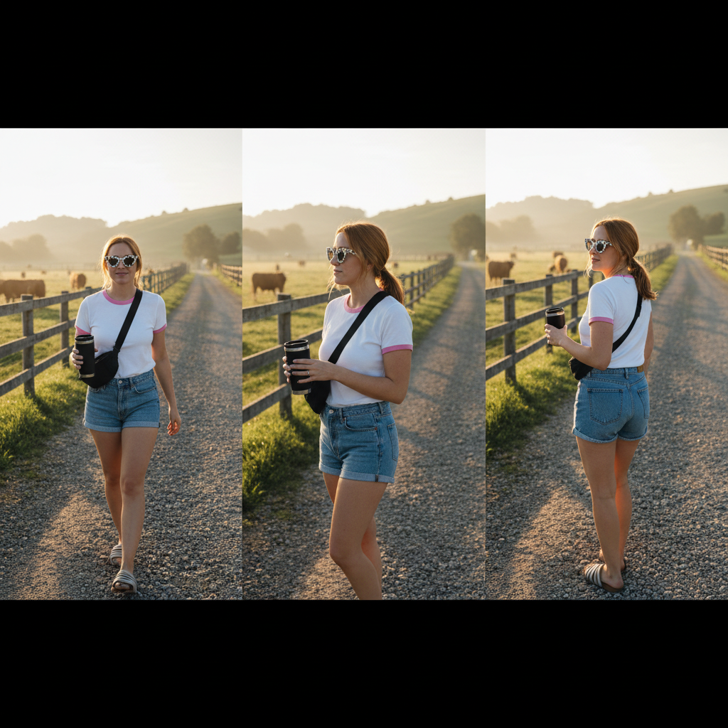 Woman in a ringer tee on a gravel lane past cows