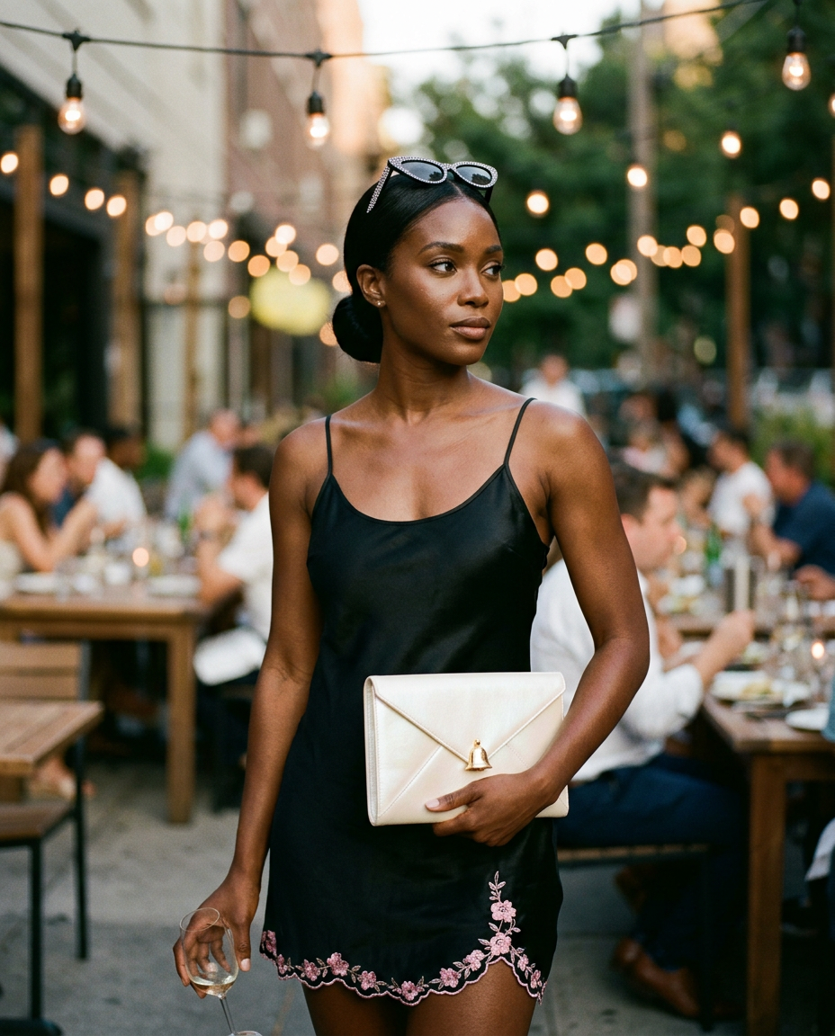 Woman at an outdoor dinner table under cafe lights