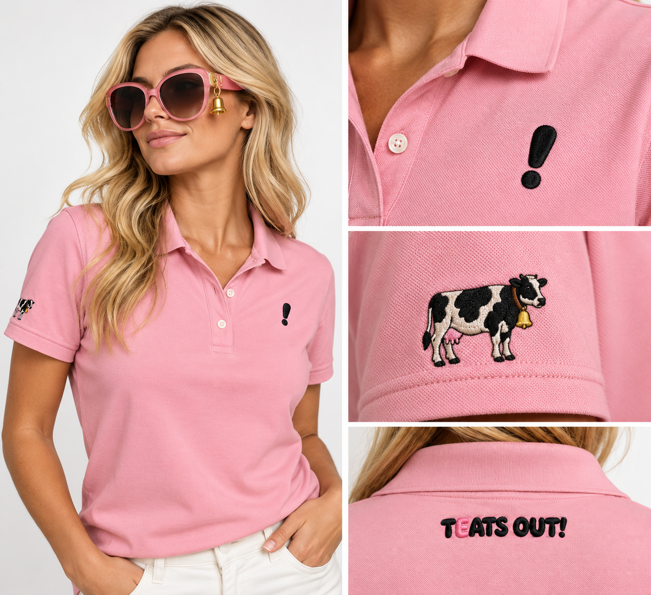 Collage of the pink TEATS OUT! polo: model wearing it with pink cat-eye sunglasses and gold bell charm, plus close-ups of the black exclamation chest detail, embroidered Holstein cow sleeve detail, and TEATS OUT! back embroidery.