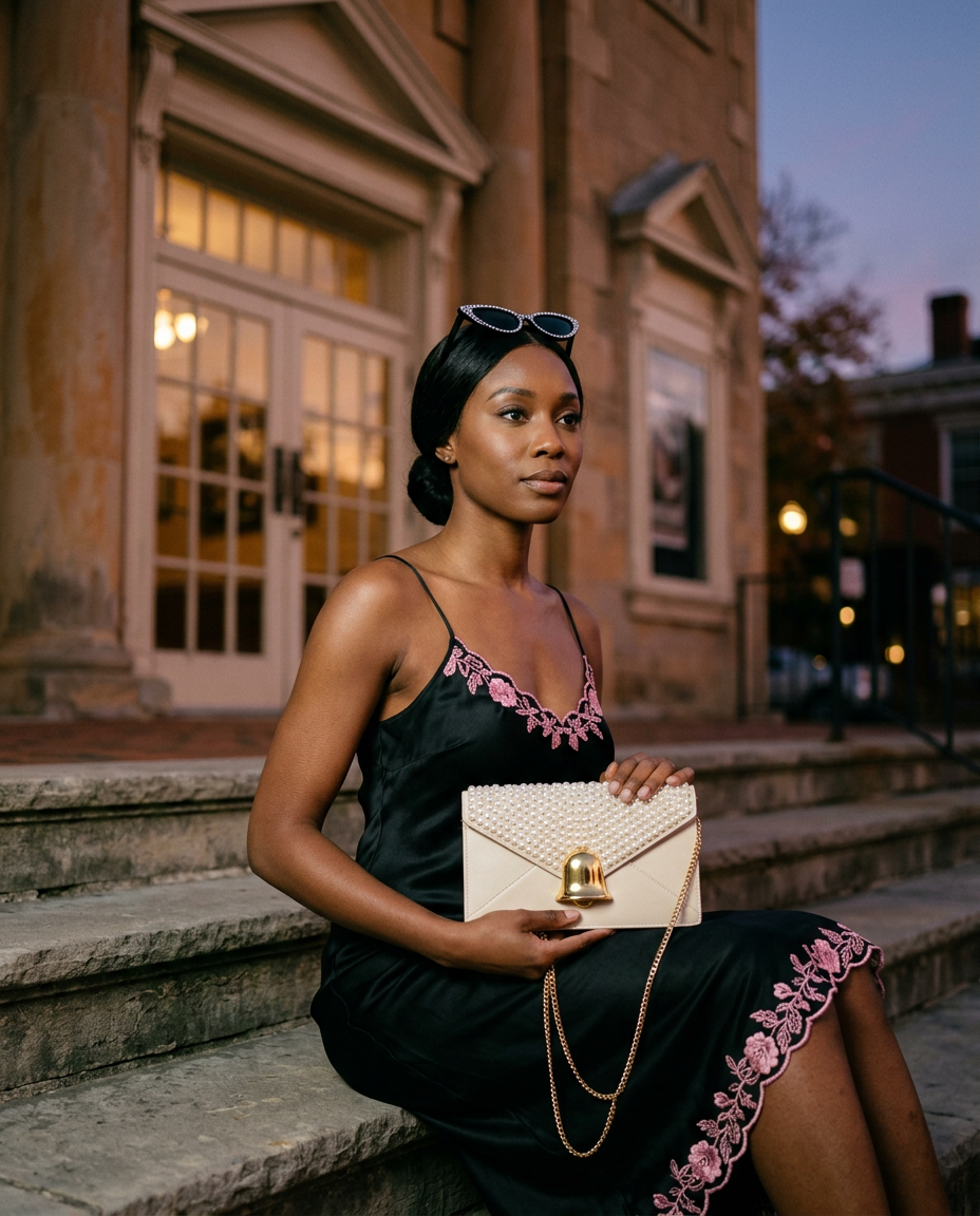 Woman on the steps of a small-town theater at dusk