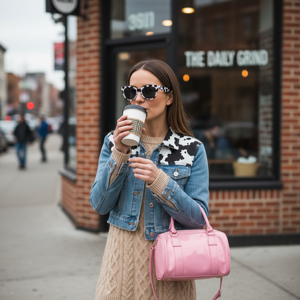 Woman with a coffee outside a corner coffee shop
