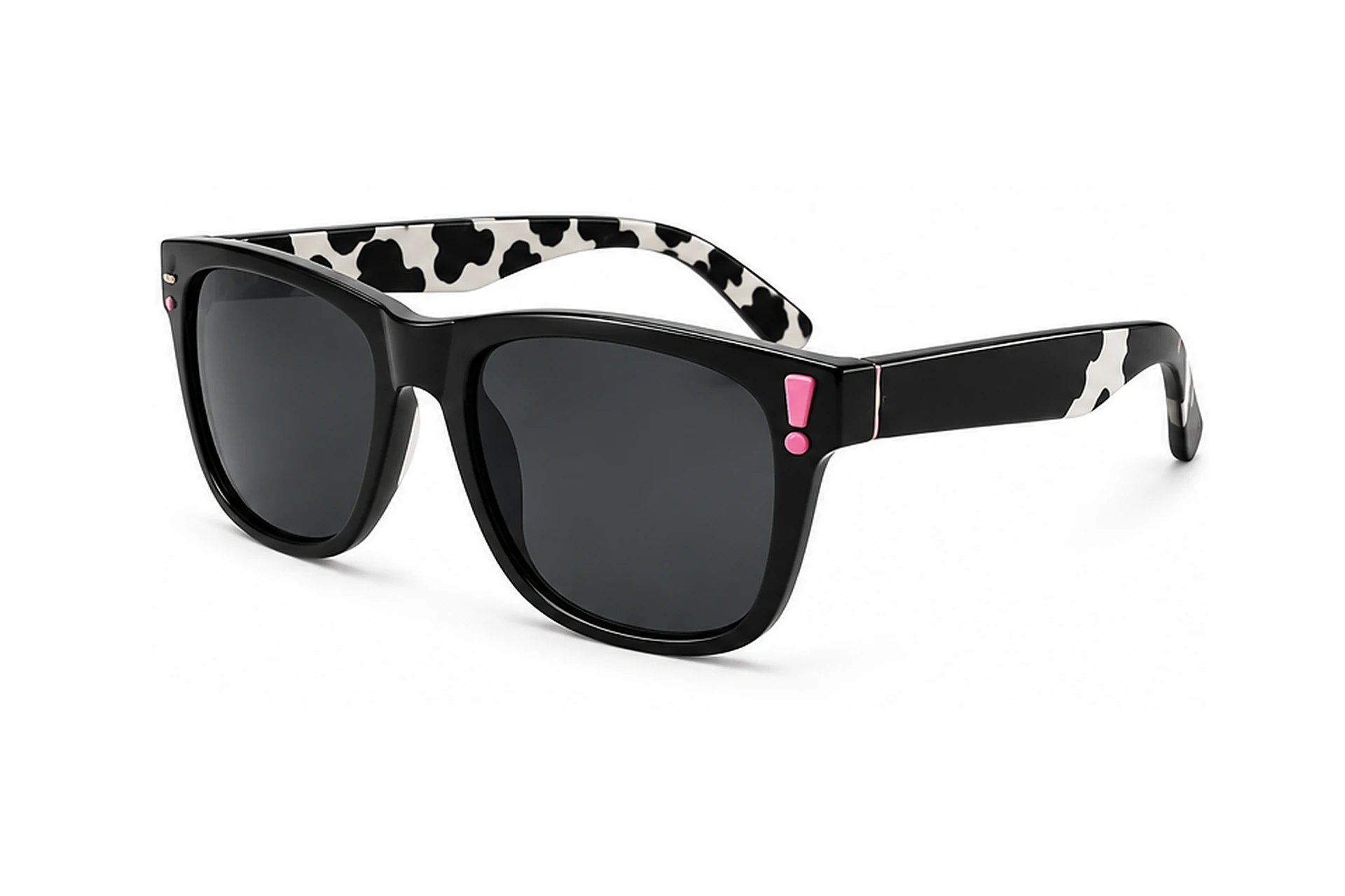 Black wayfarer sunglasses with dark lenses, cow-print inner temples and a pink exclamation mark detail on the frame front.