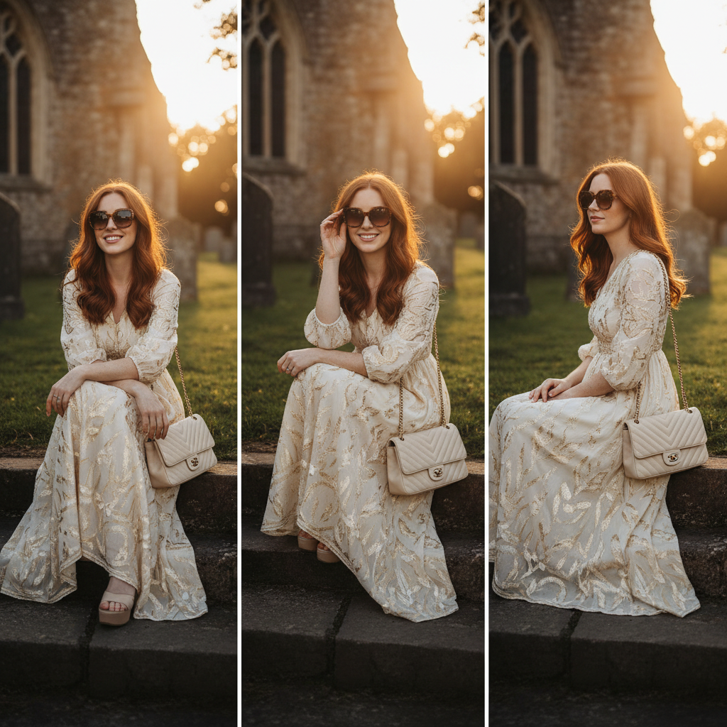 Woman sitting on country church steps at sunset