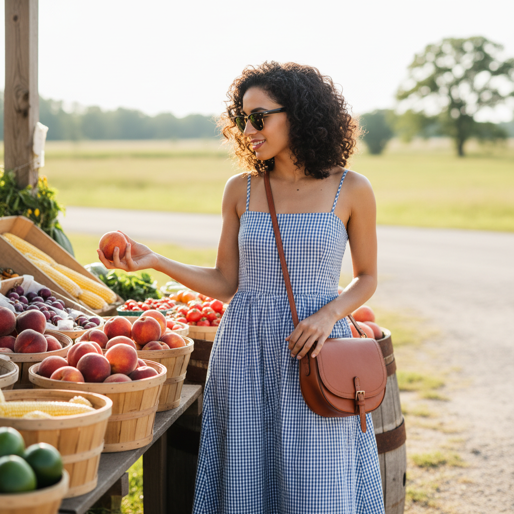 Woman buying peaches at a roadside produce stand