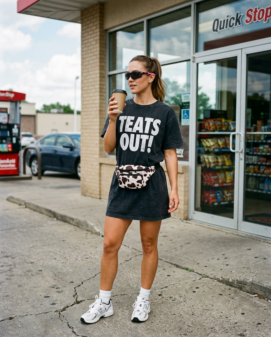 Woman with a coffee at a gas station stop