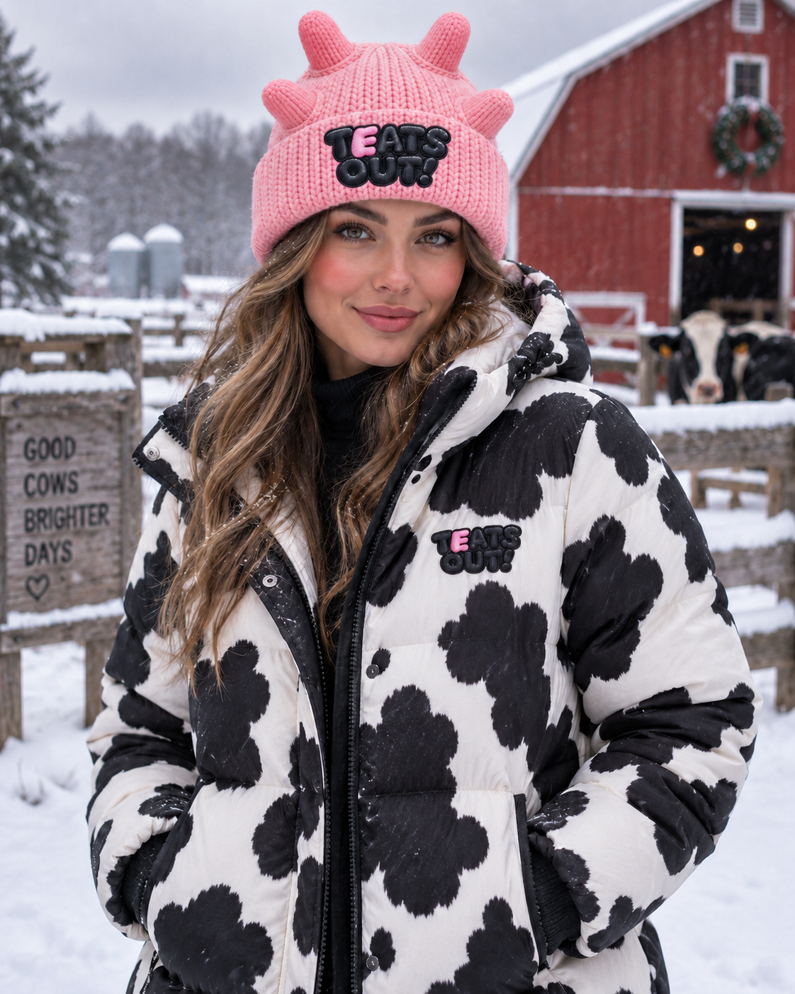 Model in a cow-print TEATS OUT! puffer jacket and pink Udder Pink beanie standing in a snowy farmyard beside a red barn.