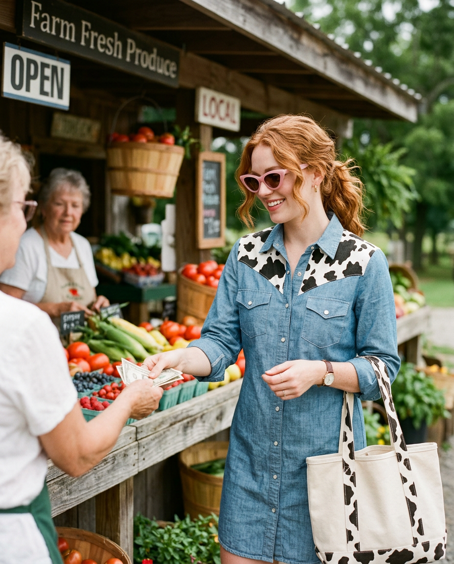 Woman paying at a roadside produce stand