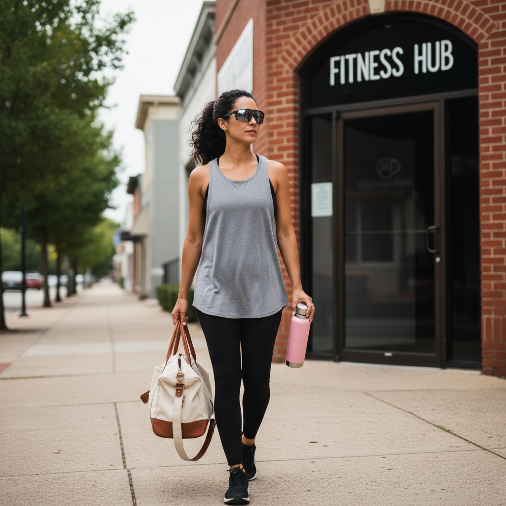 Woman walking into a small town gym