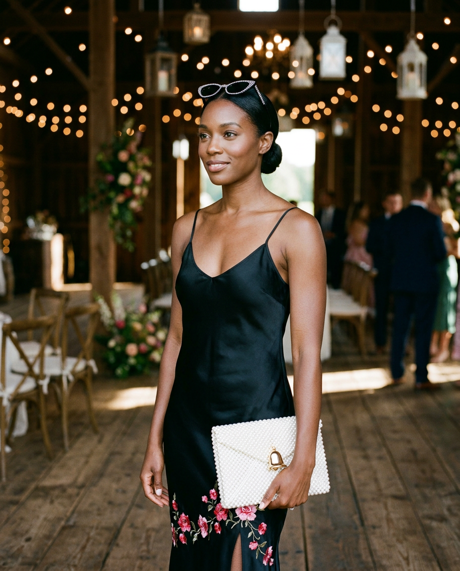 Woman in a black slip dress at a lantern-lit barn reception