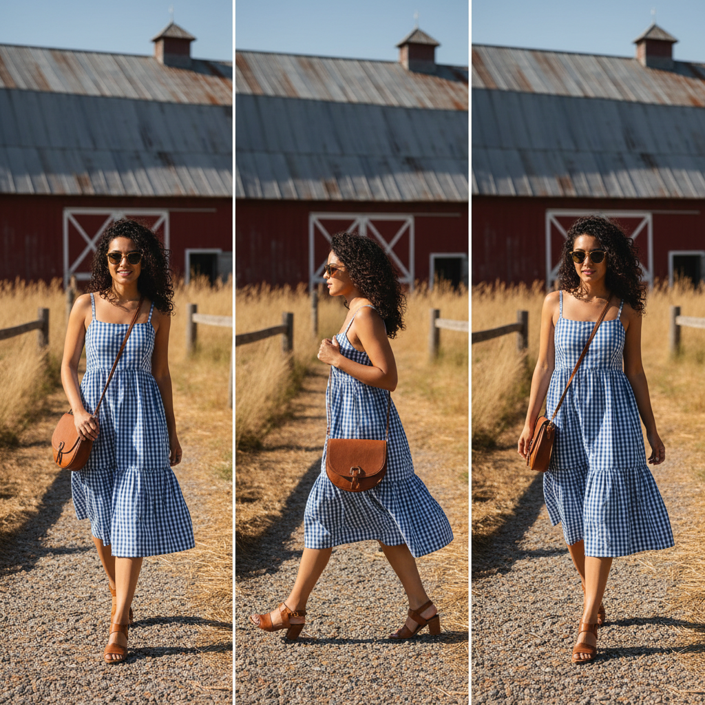 Woman crossing a gravel farm yard toward a red barn