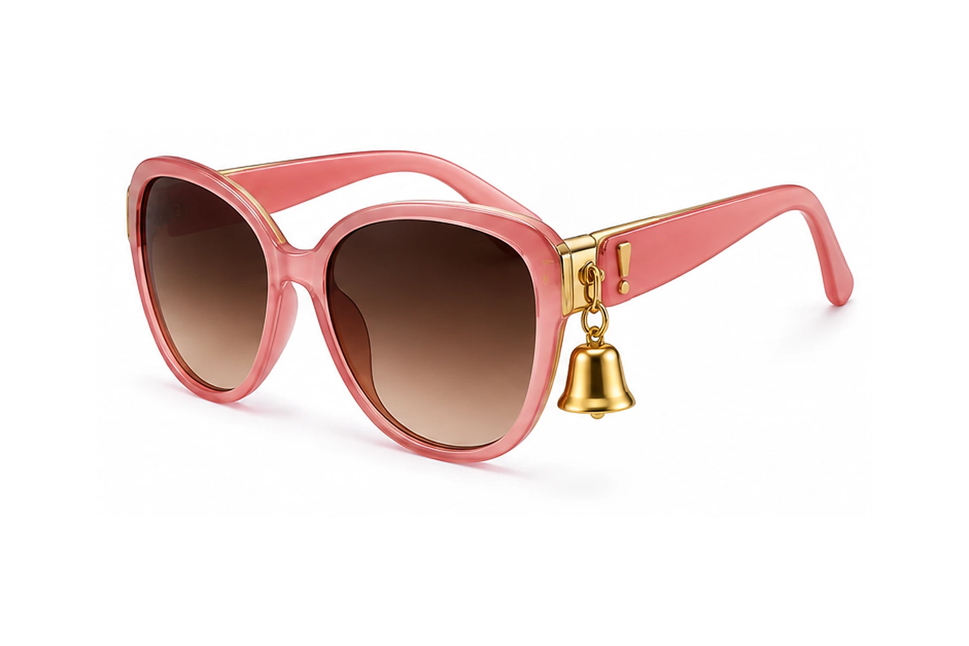 Pink cat-eye sunglasses with brown gradient lenses, gold accents, an exclamation mark temple detail and a hanging gold bell.