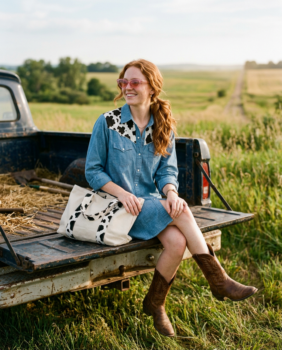 Woman sitting on a truck tailgate in a field