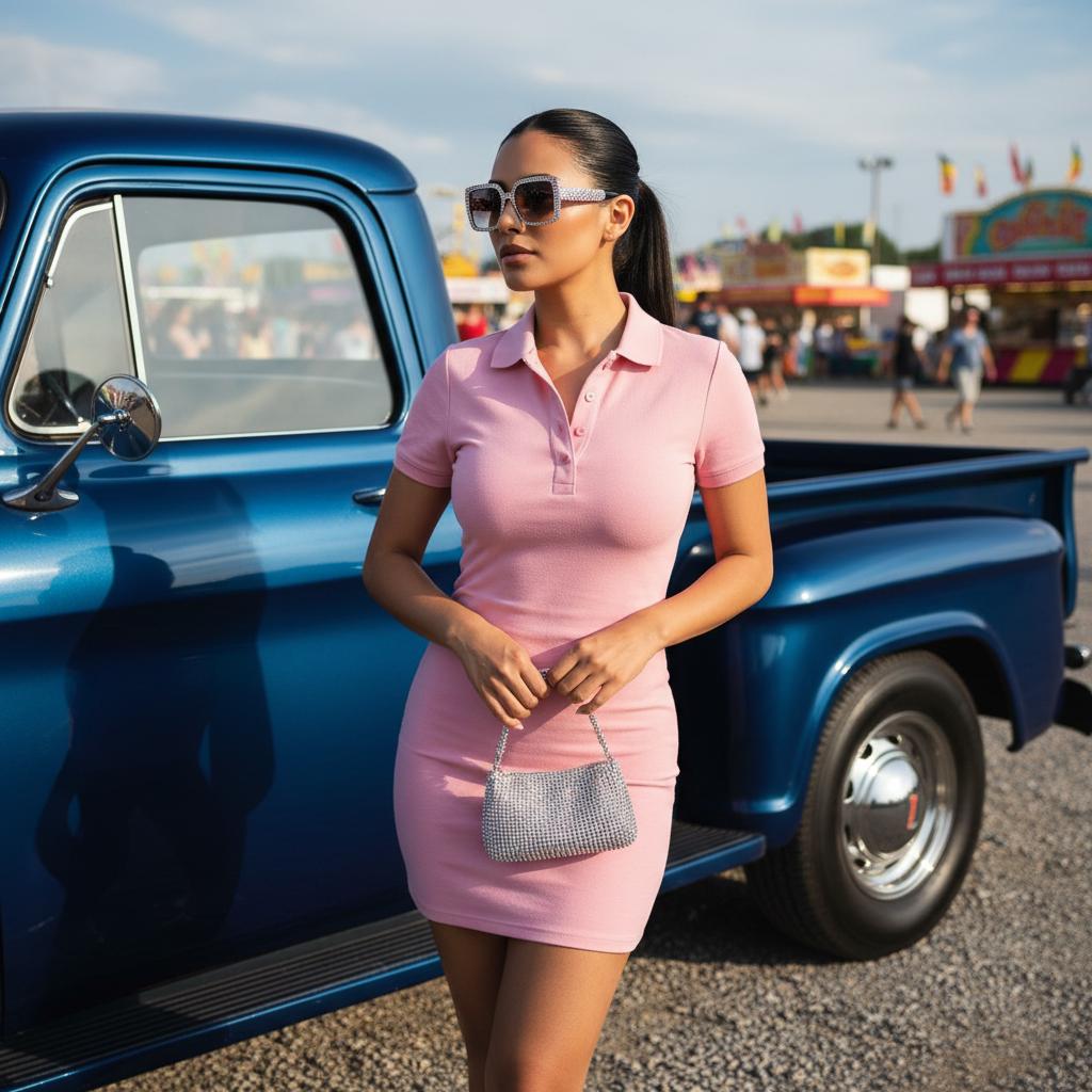 Woman beside a polished pickup truck at the fairgrounds