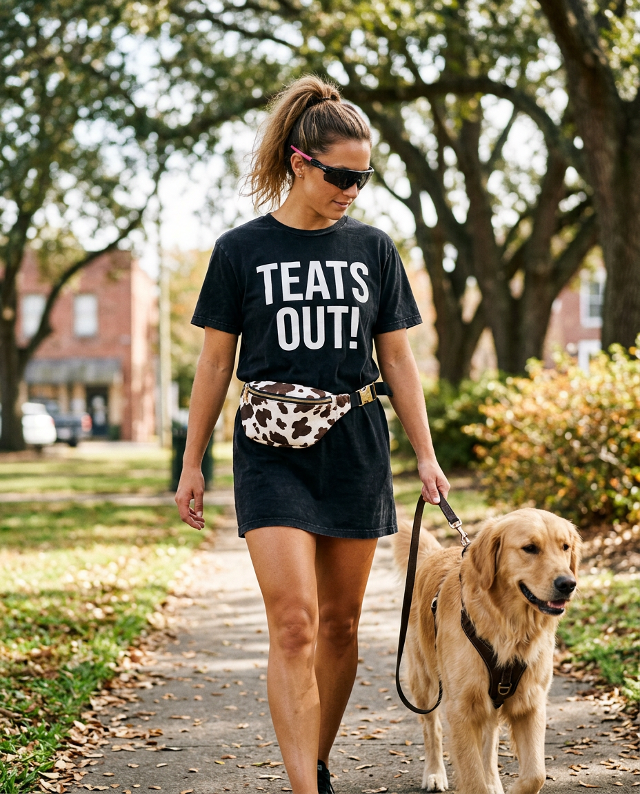 Woman walking a dog through a small town park