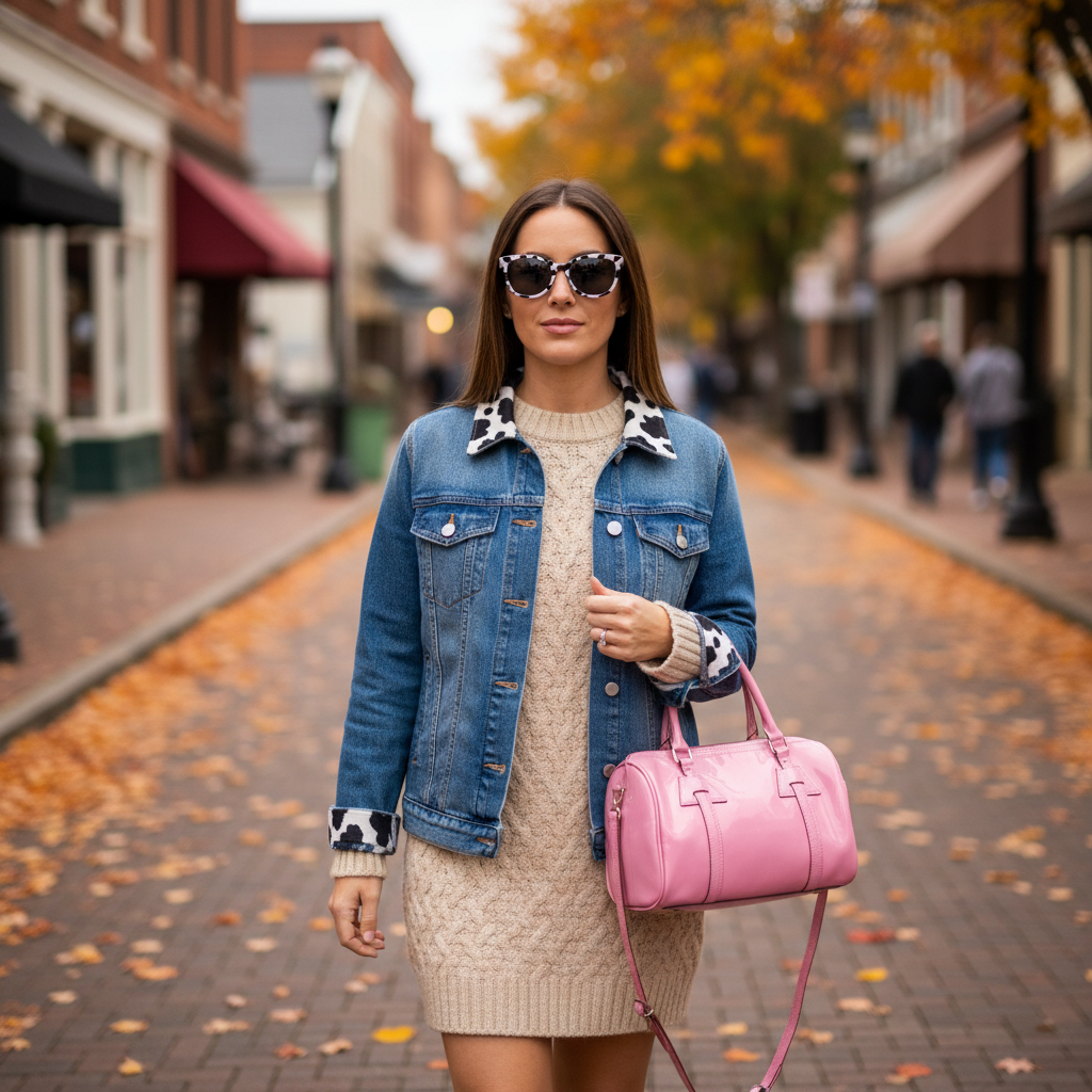 Woman walking a main street in autumn leaves