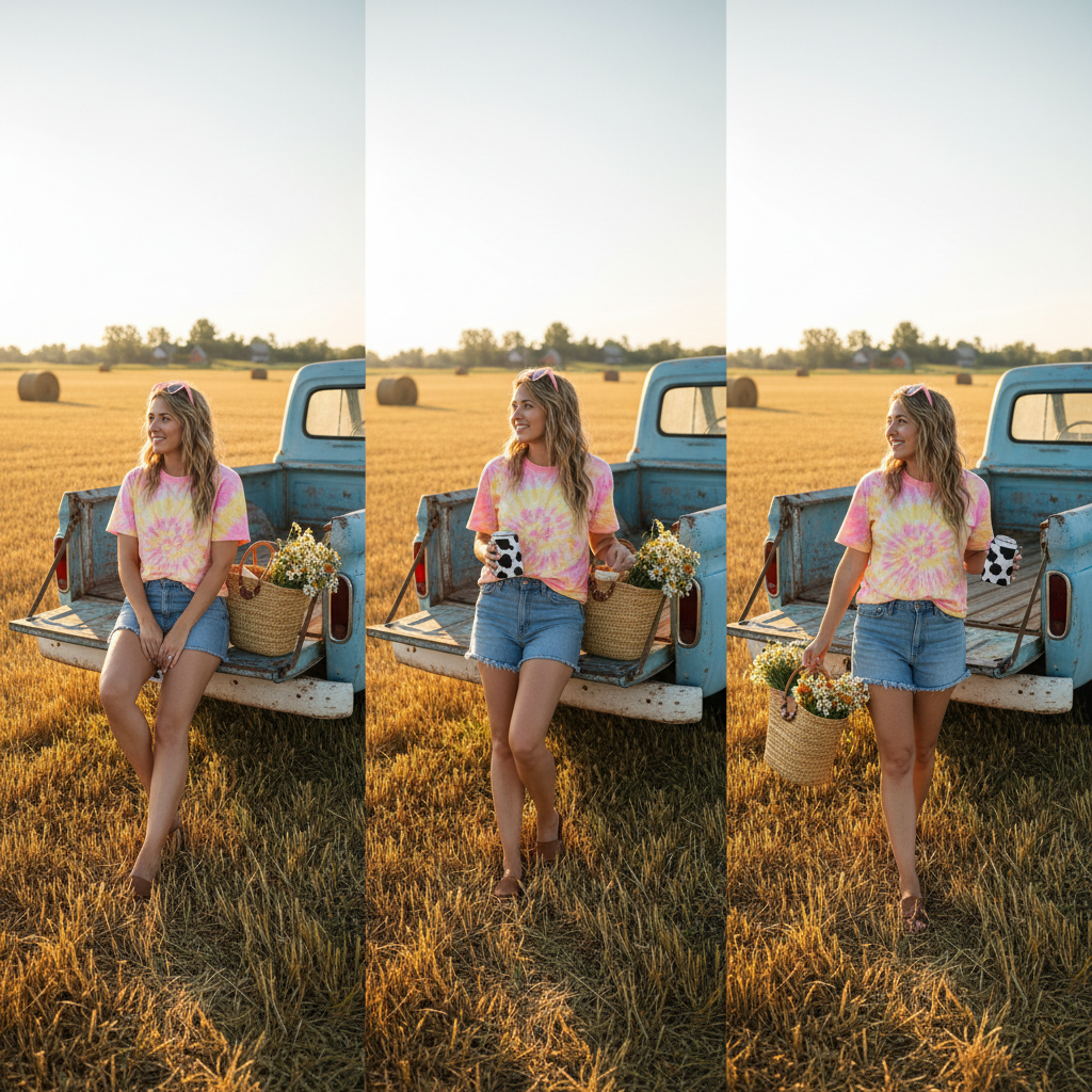 Woman in a tie dye tee on a tailgate at sunrise