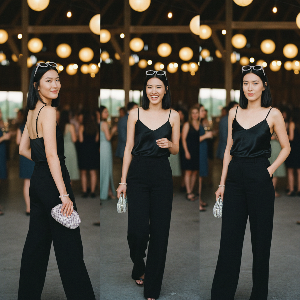 Woman in a satin tank at a lantern lit barn reception
